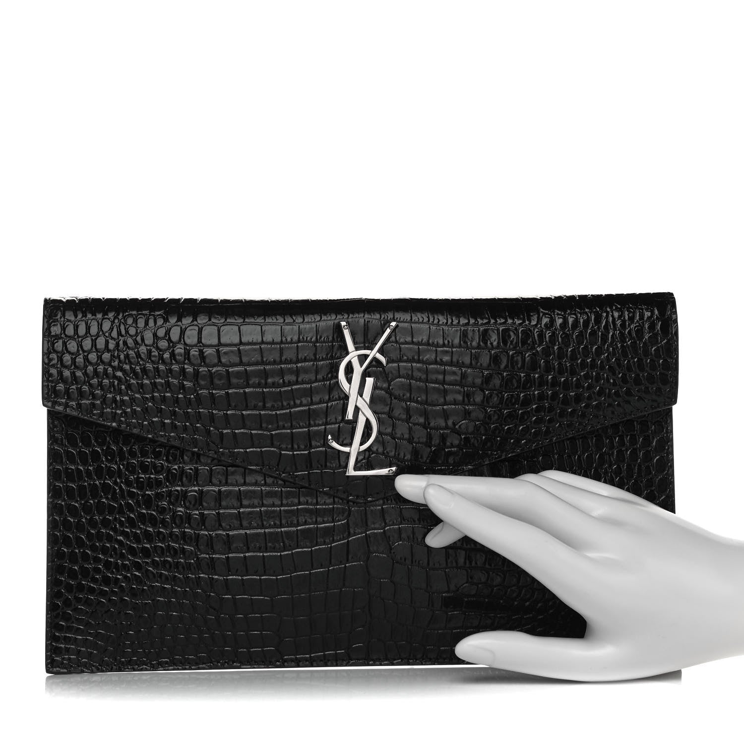 Saint Laurent Calfskin Crocodile Embossed Uptown Monogram Clutch Black 2 of 8