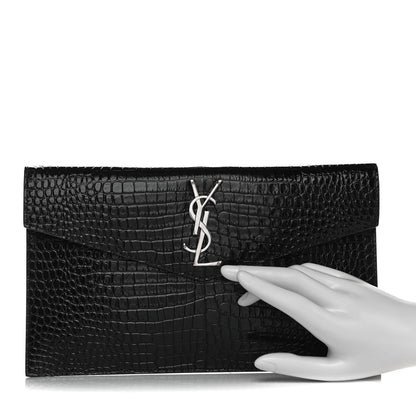 Saint Laurent Calfskin Crocodile Embossed Uptown Monogram Clutch Black 2 of 8