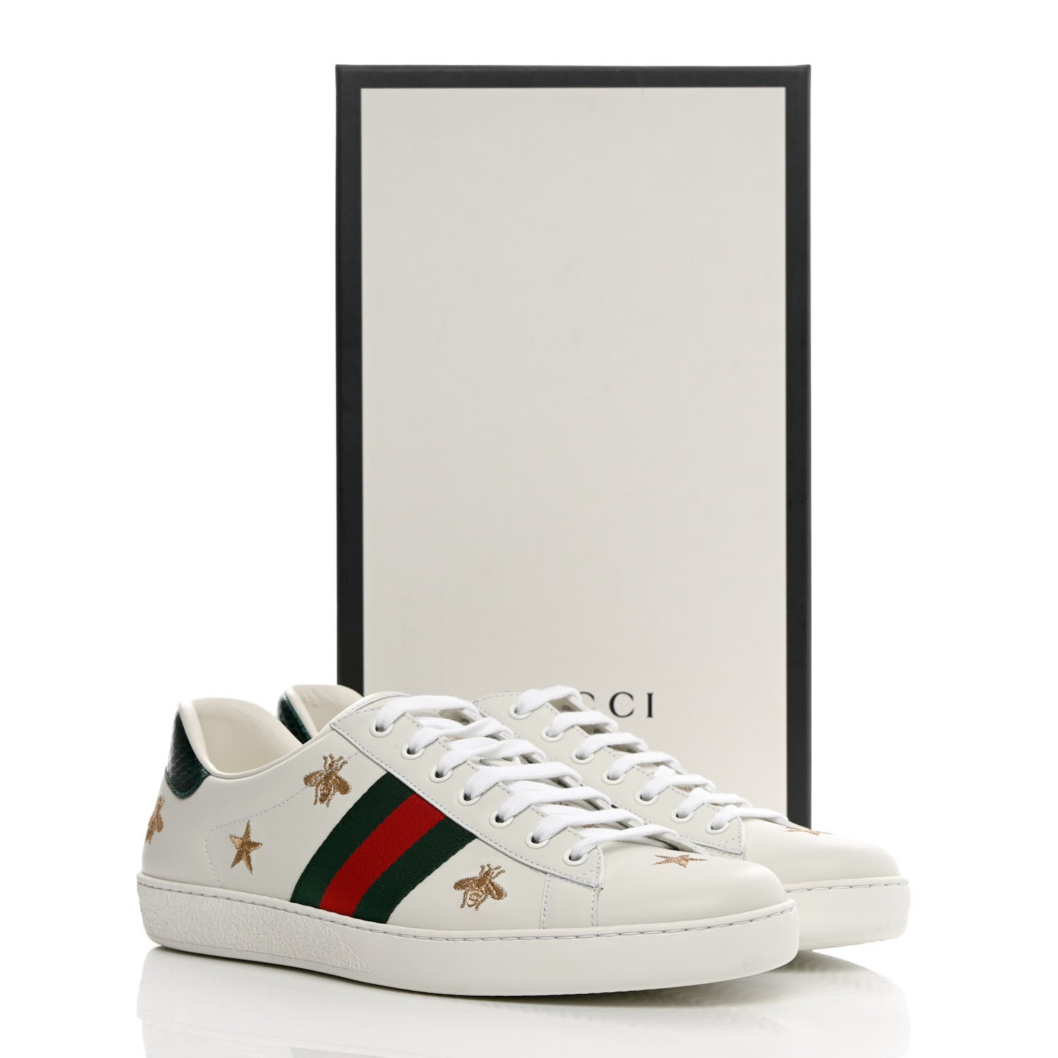 Gucci Calfskin Ayers Web Bee Star Embroidered Mens Ace Sneakers 10 White Green 14 of 14