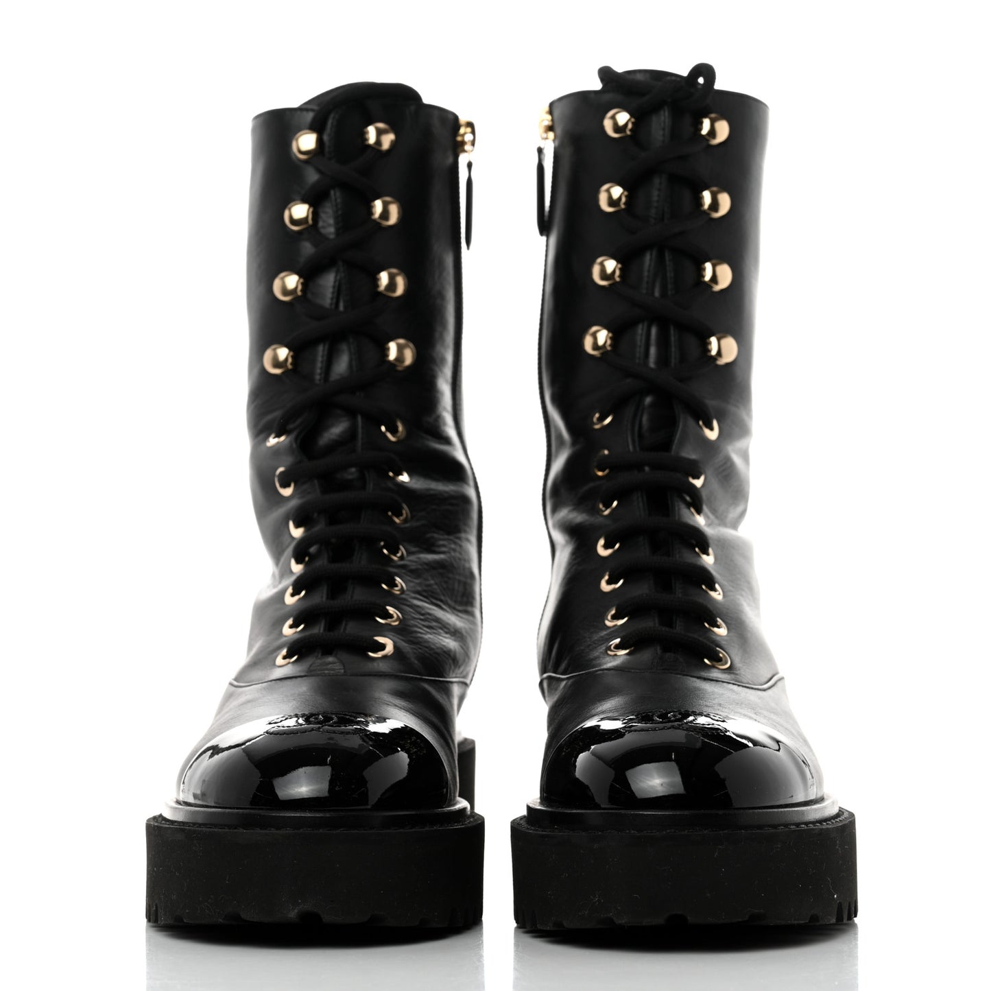 Crumpled Calfskin Patent Cap Toe Lace Up Combat Boots 38 Black