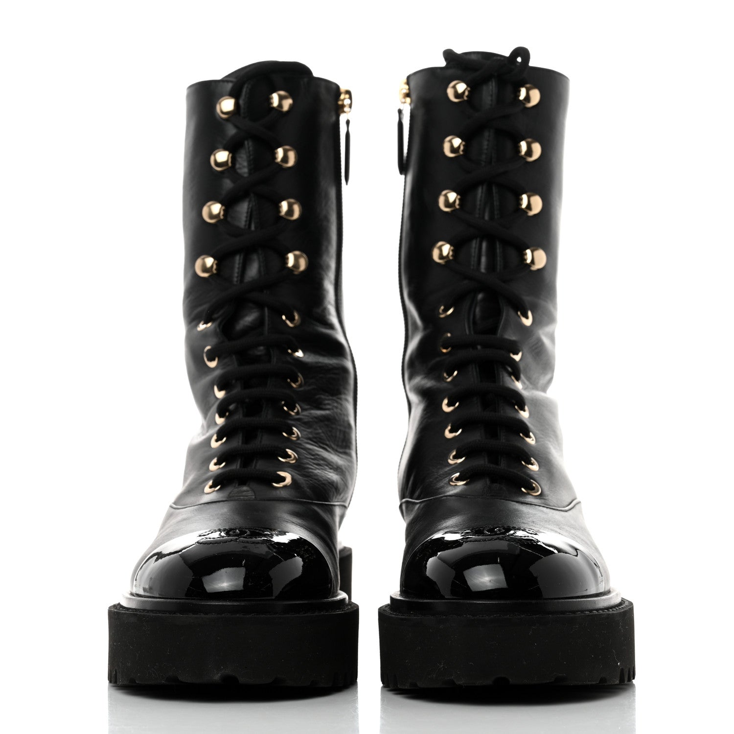 Chanel Crumpled Calfskin Patent Cap Toe Lace Up Combat Boots 38 Black 2 of 8