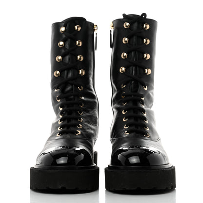 Chanel Crumpled Calfskin Patent Cap Toe Lace Up Combat Boots 38 Black 2 of 8