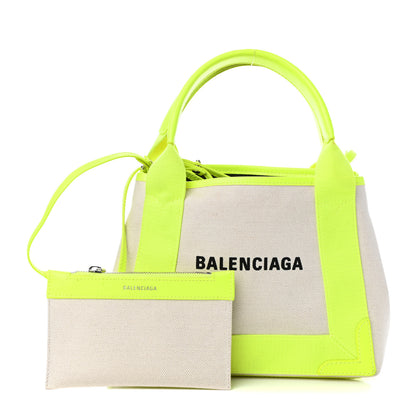 Balenciaga Cotton Canvas Satin Calfskin Navy Cabas XS Natural Fluo Yellow 1 of 9
