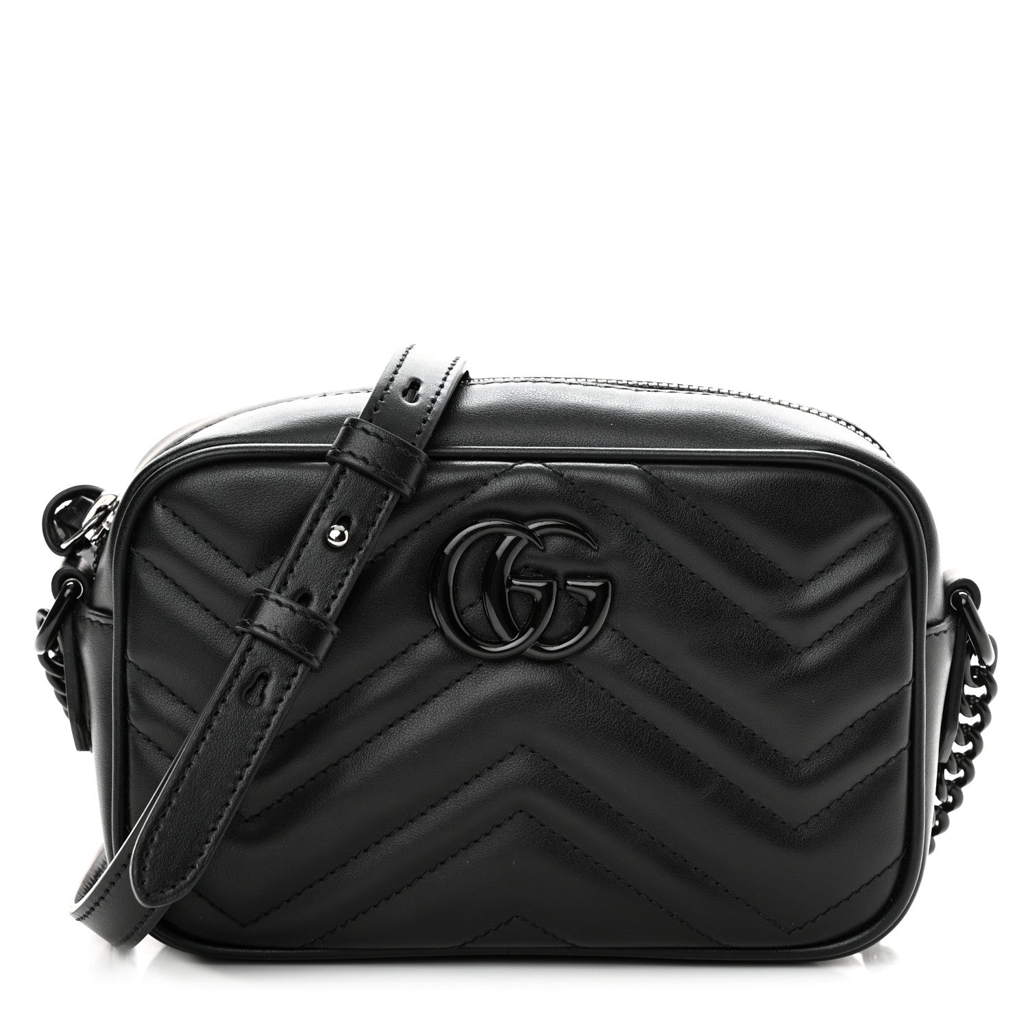 Gucci Calfskin Matelasse Monochrome Mini GG Marmont Chain Shoulder Bag Black 1 of 11