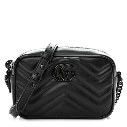Gucci Calfskin Matelasse Monochrome Mini GG Marmont Chain Shoulder Bag Black 1 of 11