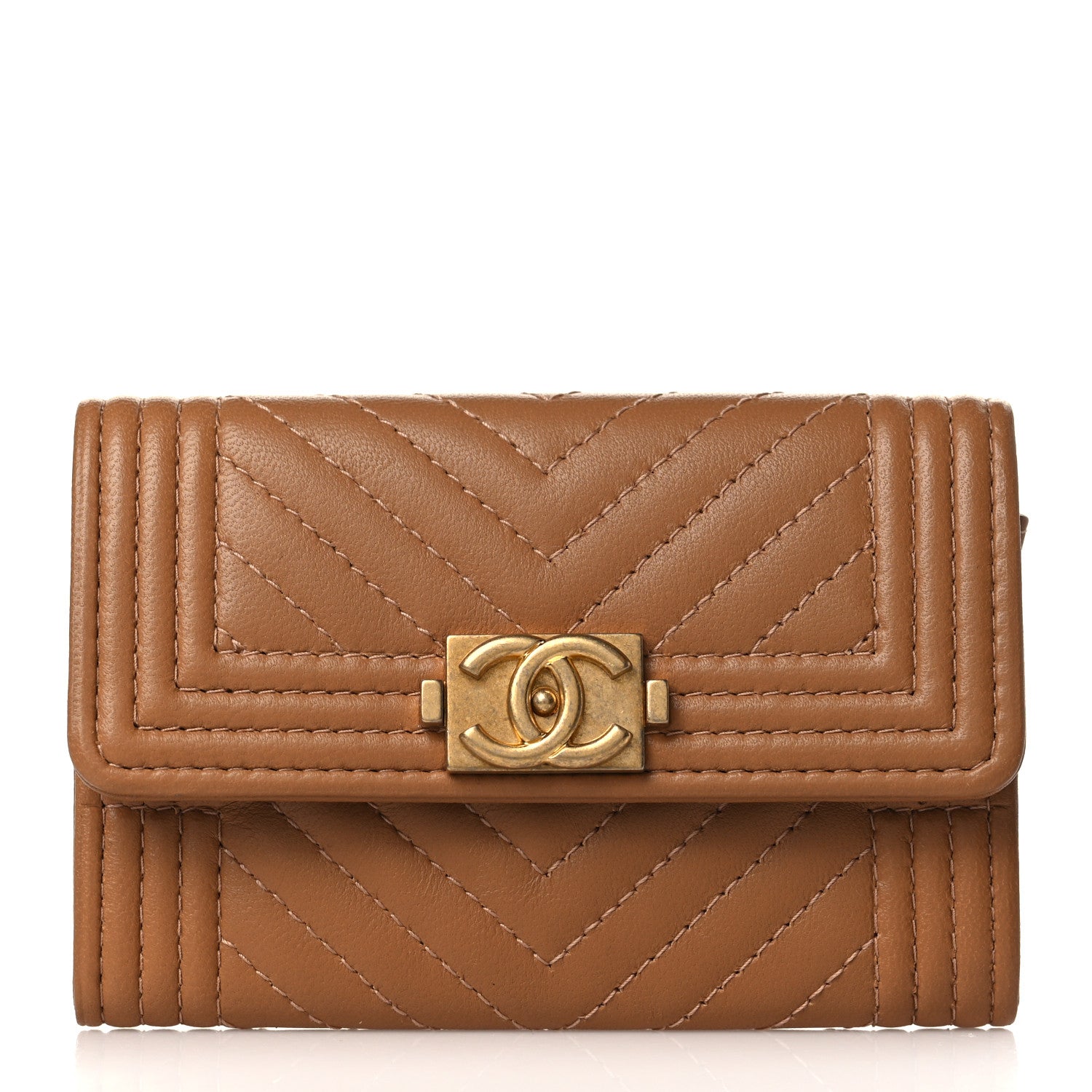 Chanel Lambskin Chevron Quilted Boy Card Holder Dark Beige 1 of 8
