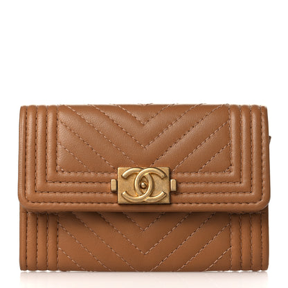 Chanel Lambskin Chevron Quilted Boy Card Holder Dark Beige 1 of 8