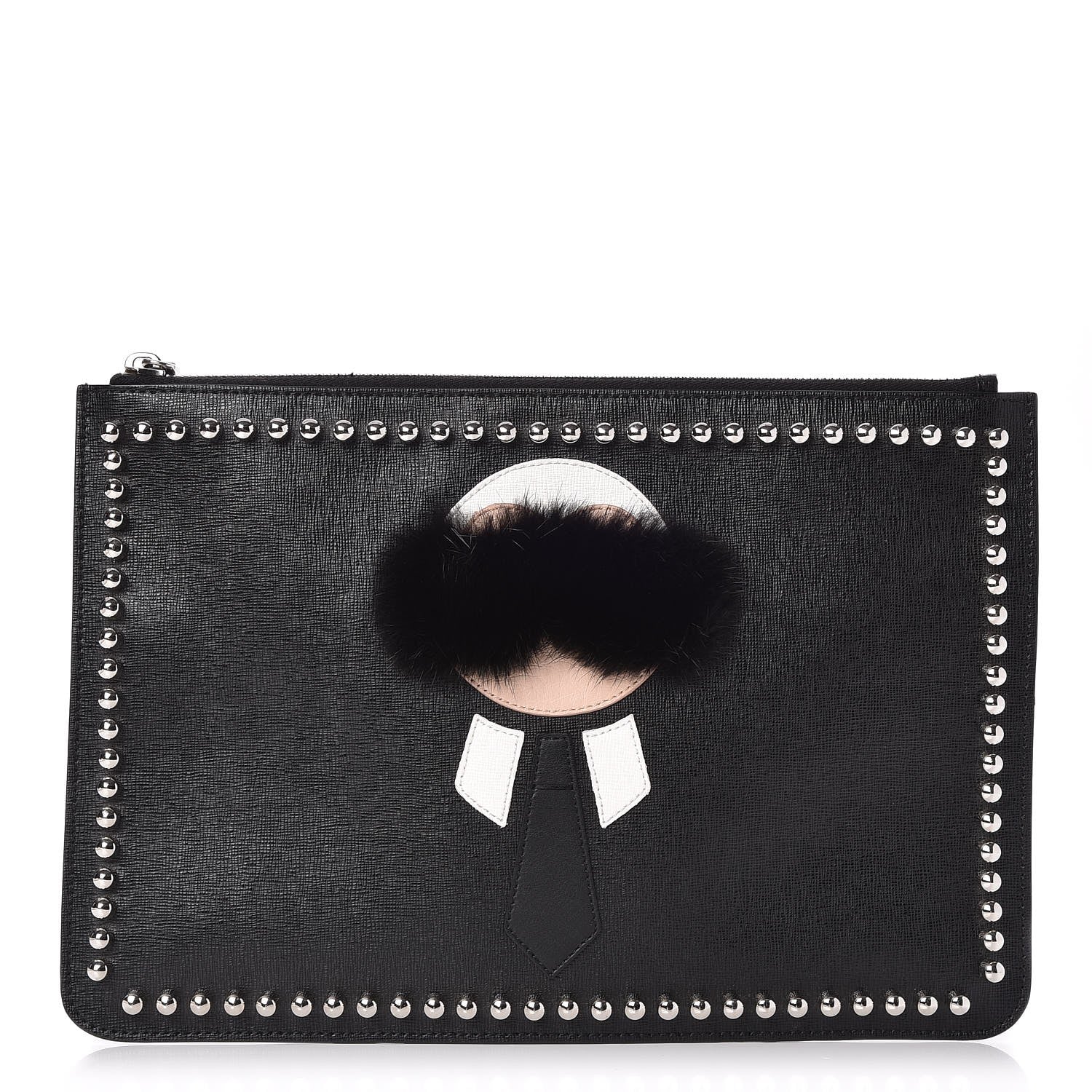 Fendi Vitello Elite Flamingo Mink Karlito Studded Pouch Black White Plaster 1 of 7