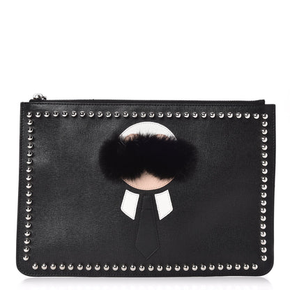 Fendi Vitello Elite Flamingo Mink Karlito Studded Pouch Black White Plaster 1 of 7