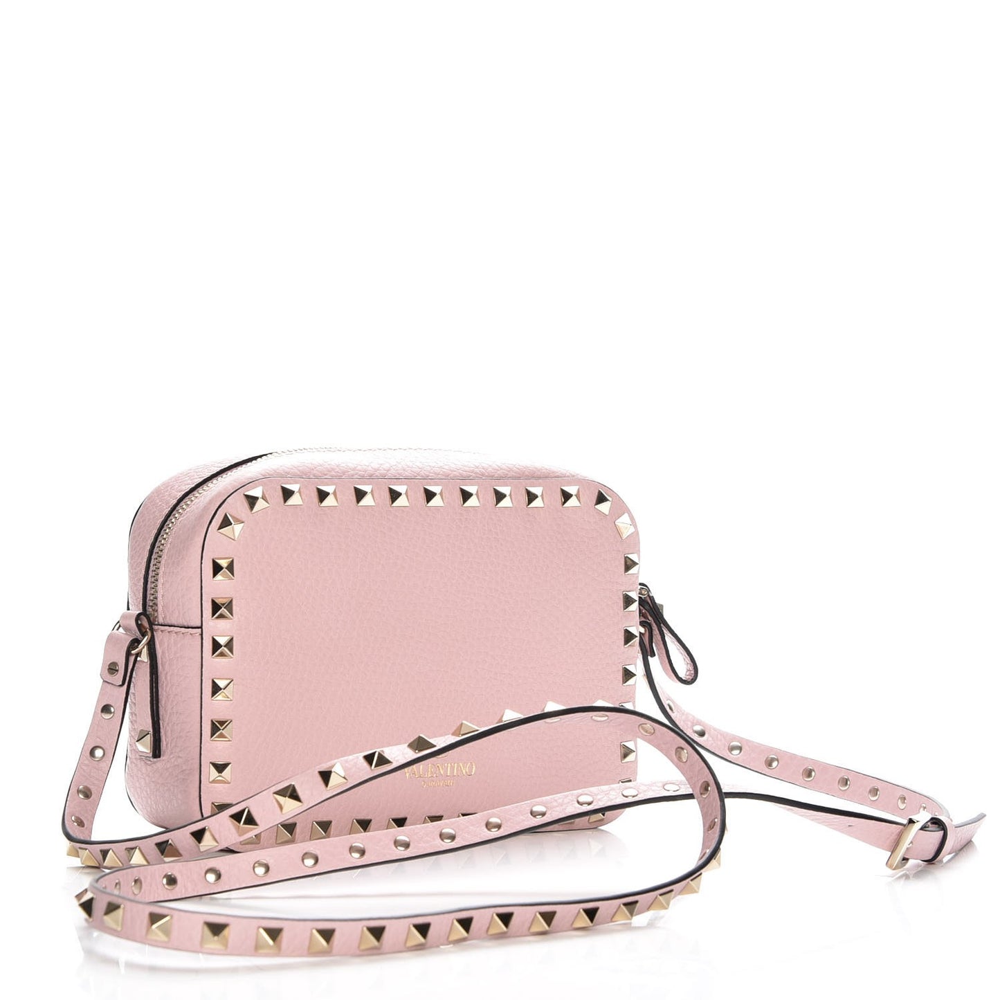 Grained Calfskin Rockstud Camera Crossbody Bag Water Rose