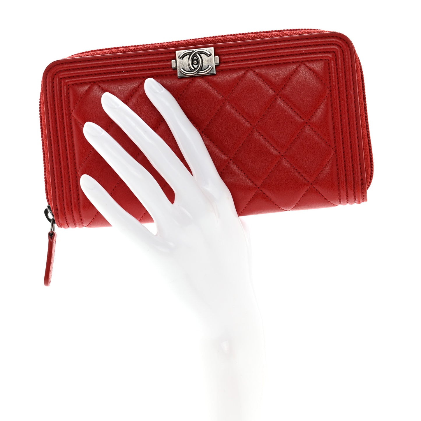 Lambskin Quilted Boy Zip Around Wallet Red