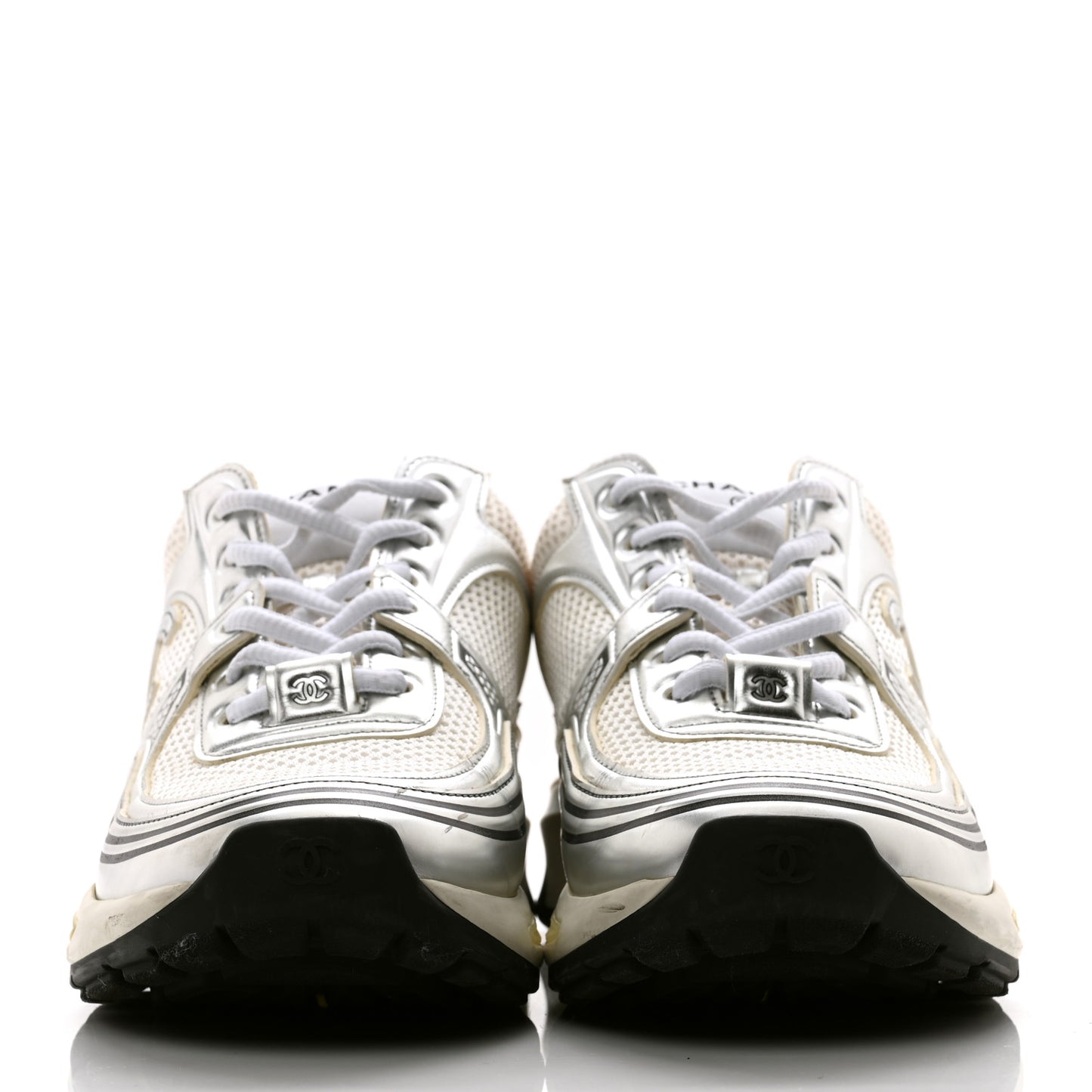 Fabric Laminated Calfskin Stretch CC Sneakers 38 White Silver