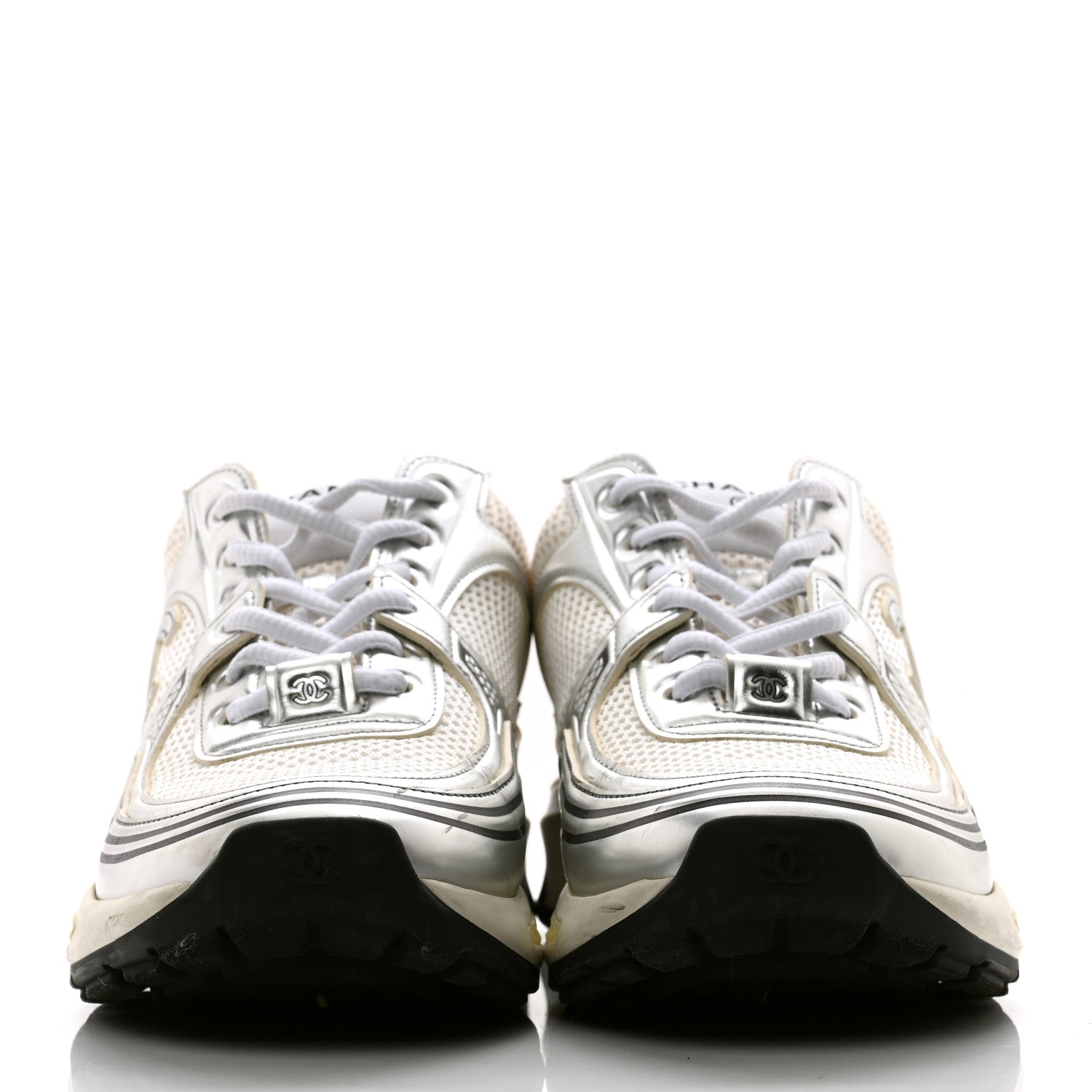 Chanel Fabric Laminated Calfskin Stretch CC Sneakers 38 White Silver 2 of 11