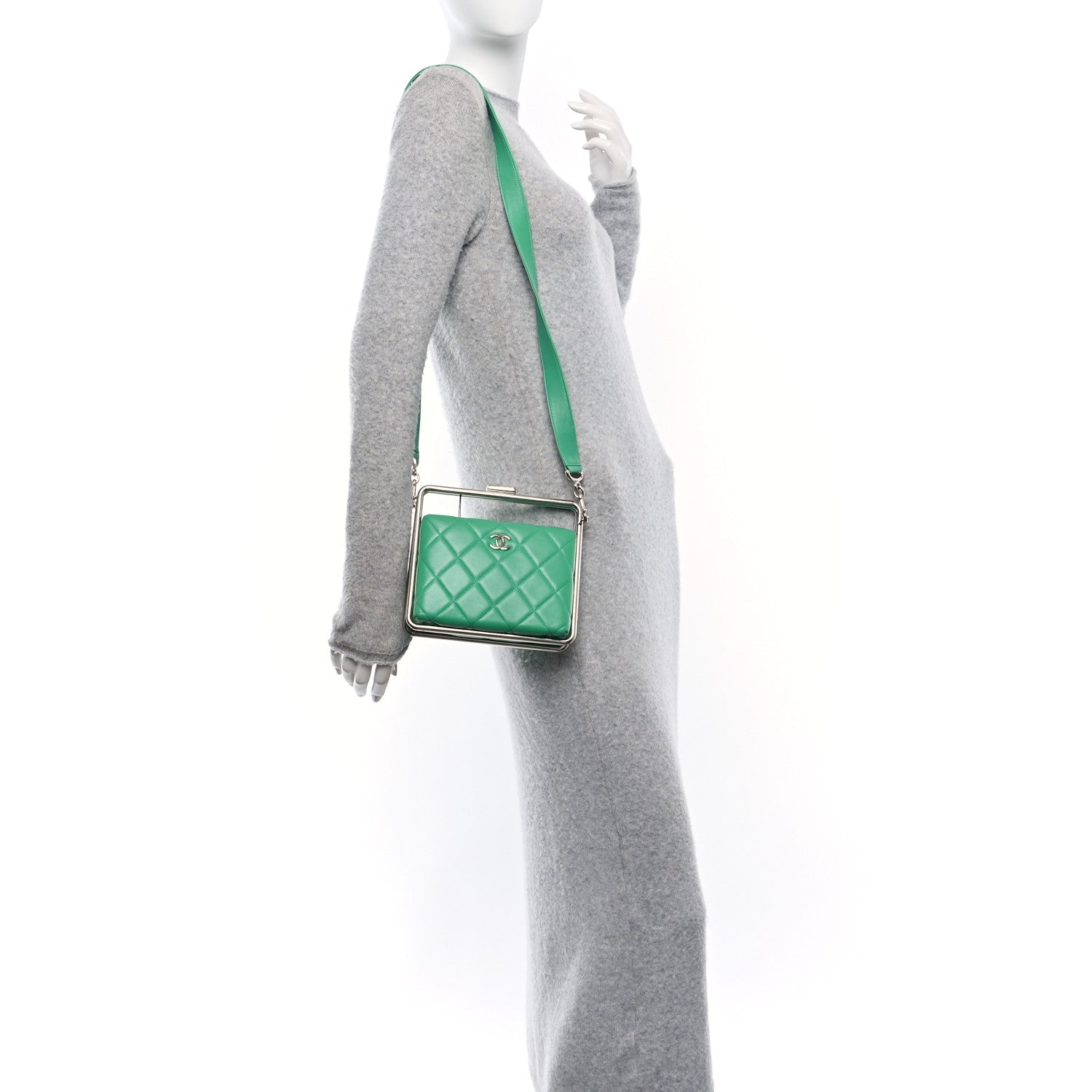 Chanel Quilted Lambskin Metal Bar Clutch Bag Green 3 of 12