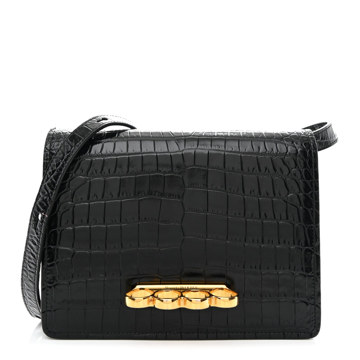 Calfskin Crocodile Embossed Four Ring Knuckle Crossbody Bag Black