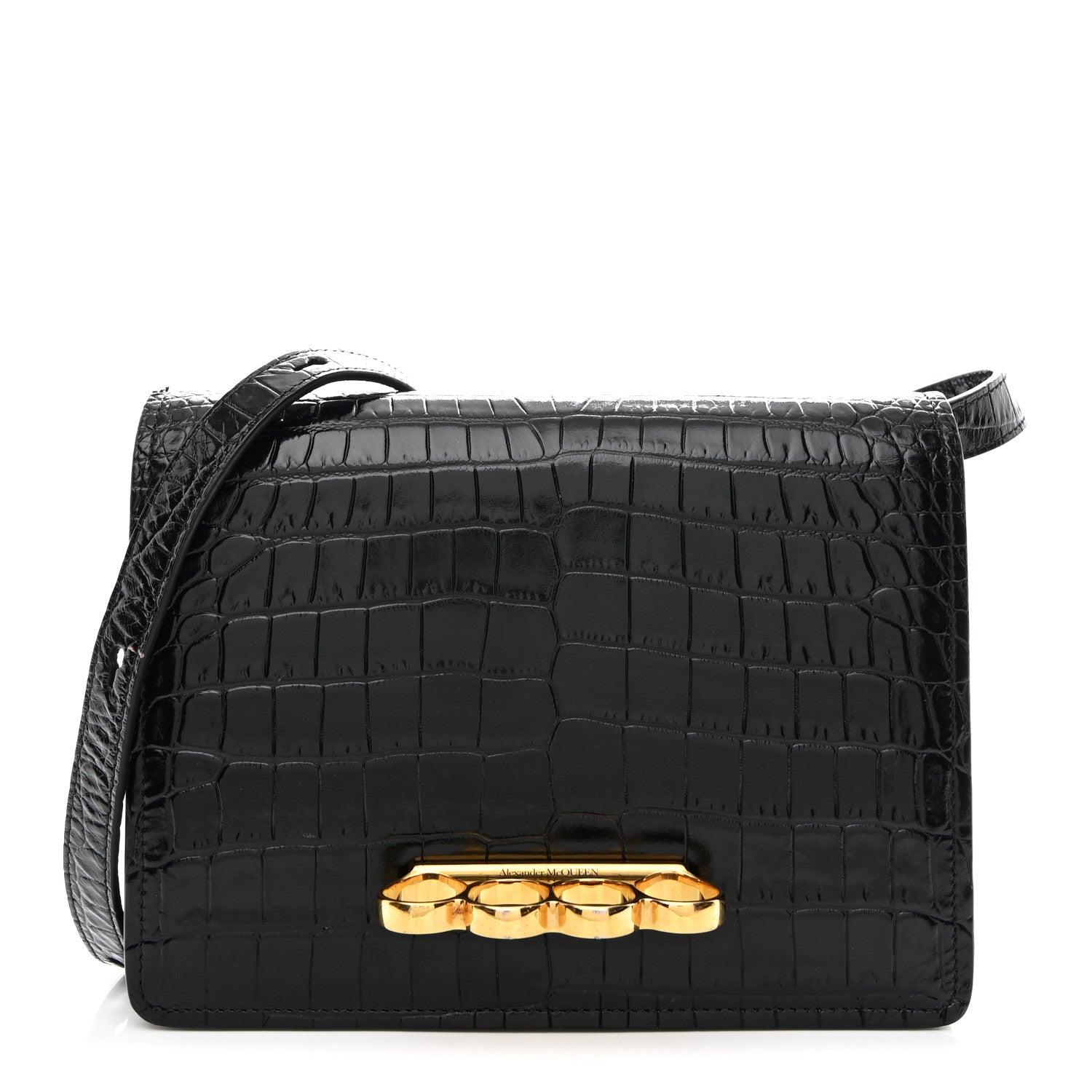 Alexander McQueen Calfskin Crocodile Embossed Four Ring Knuckle Crossbody Bag Black 1 of 12