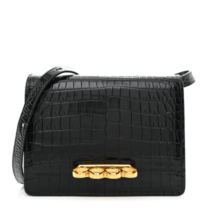 Alexander McQueen Calfskin Crocodile Embossed Four Ring Knuckle Crossbody Bag Black 1 of 12