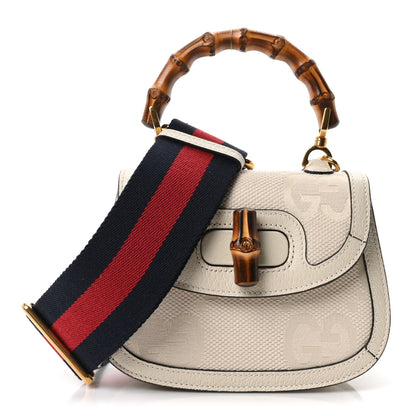 Gucci Monogram Jumbo GG Textured Dollar Calfskin Web Small Bamboo 1947 Top Handle Bag Off White 1 of 10