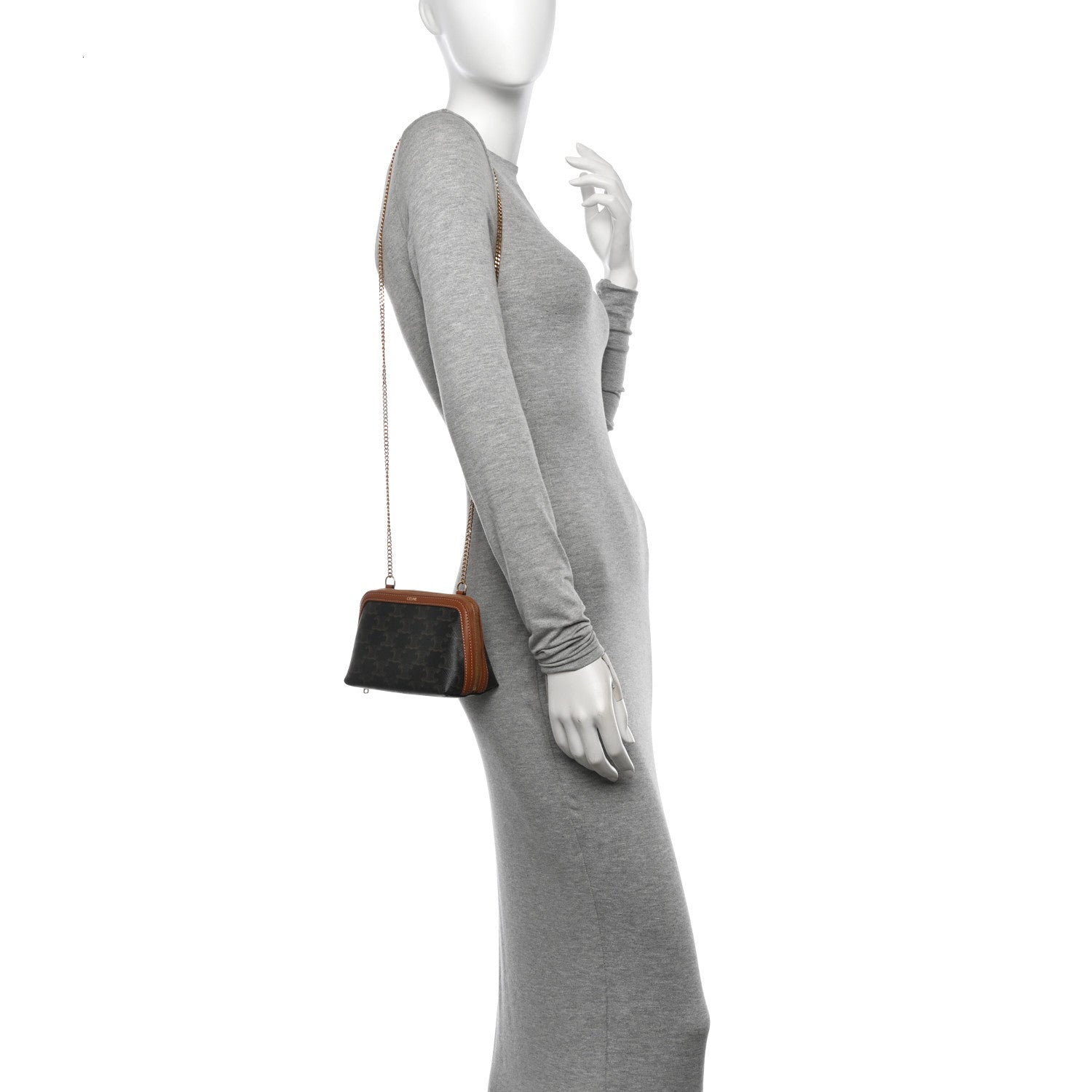 Celine Triomphe Canvas Lambskin Clutch On Chain Tan 2 of 11