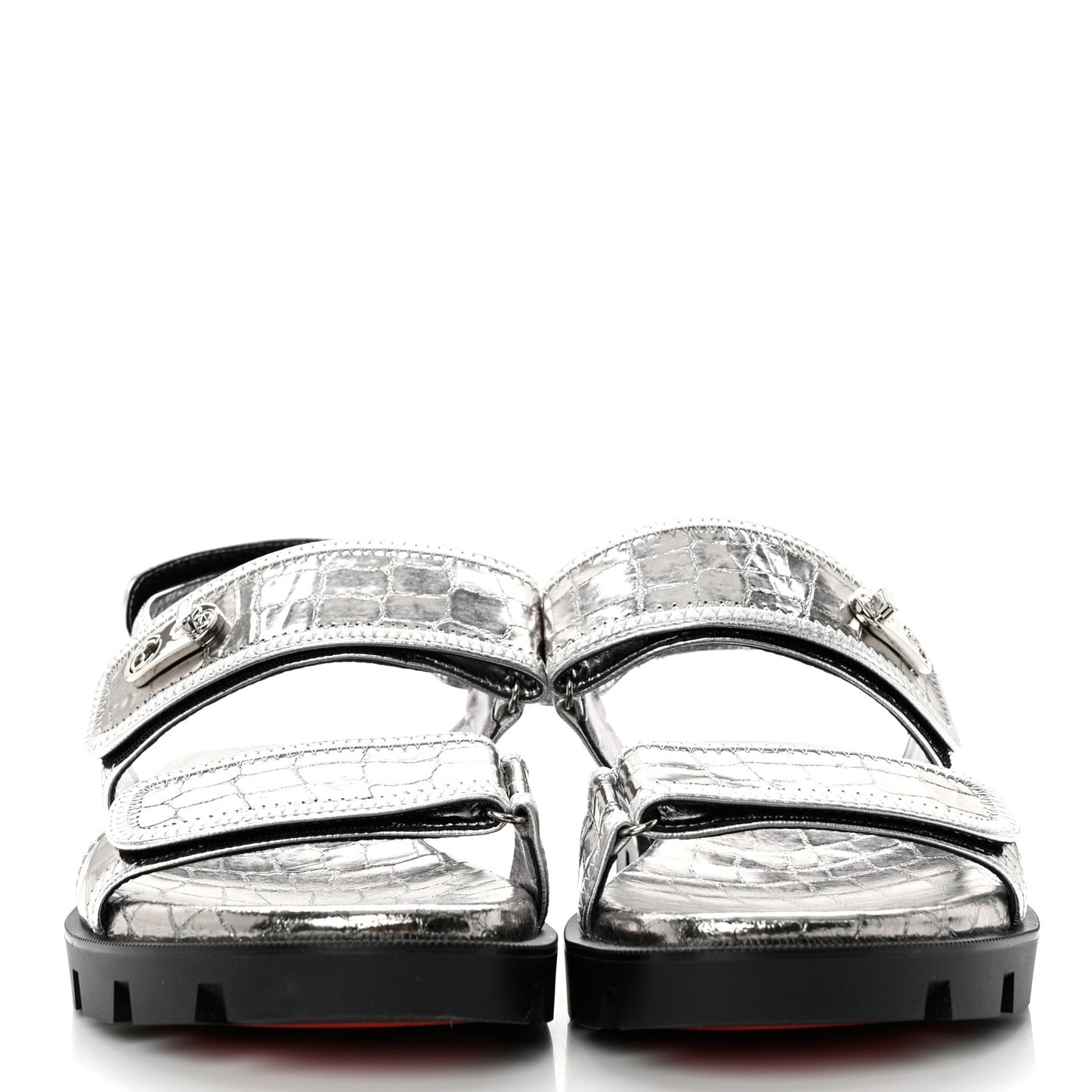 Metallic Calfskin Alligator Embossed Nappa Lock Cool Flat Sandals 37 Silver