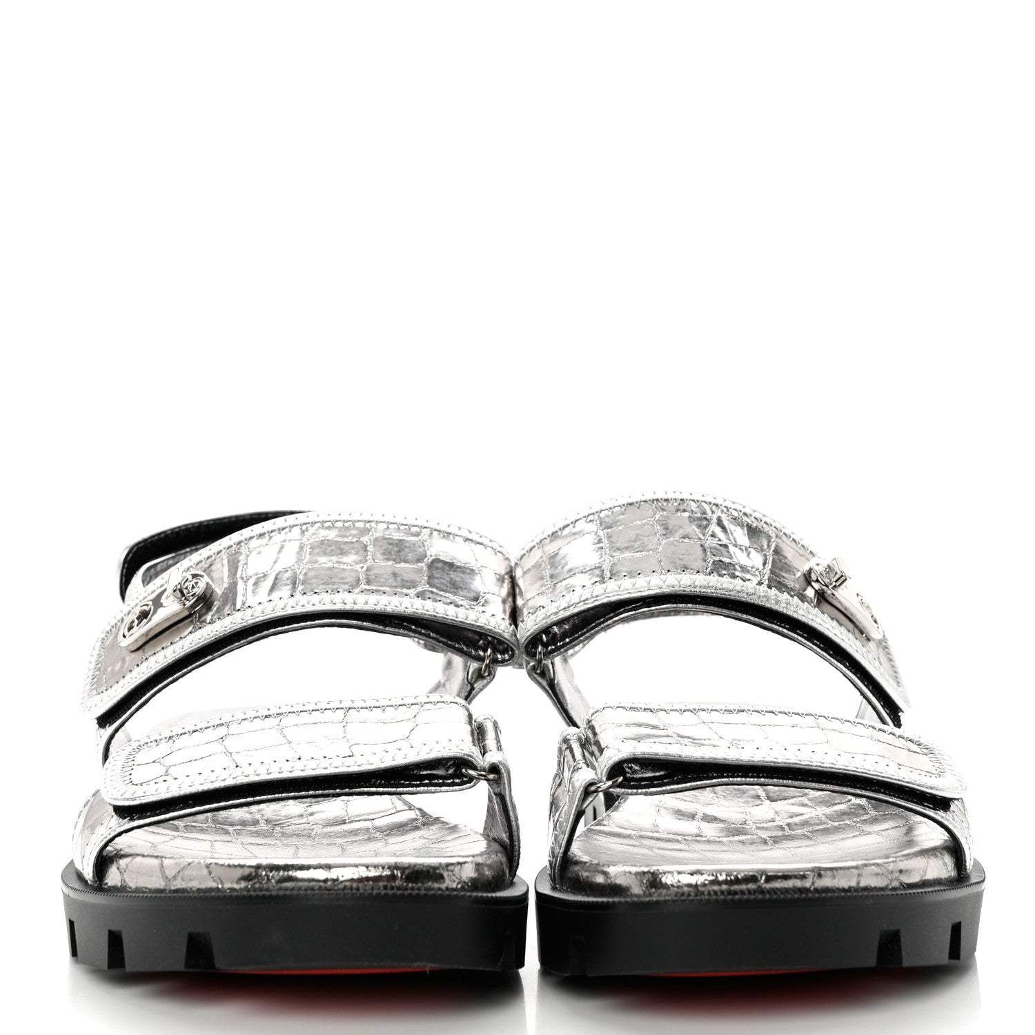 Christian Louboutin Metallic Calfskin Alligator Embossed Nappa Lock Cool Flat Sandals 37 Silver 2 of 7