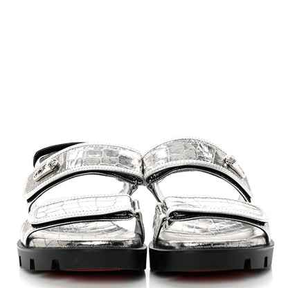 Christian Louboutin Metallic Calfskin Alligator Embossed Nappa Lock Cool Flat Sandals 37 Silver 2 of 7