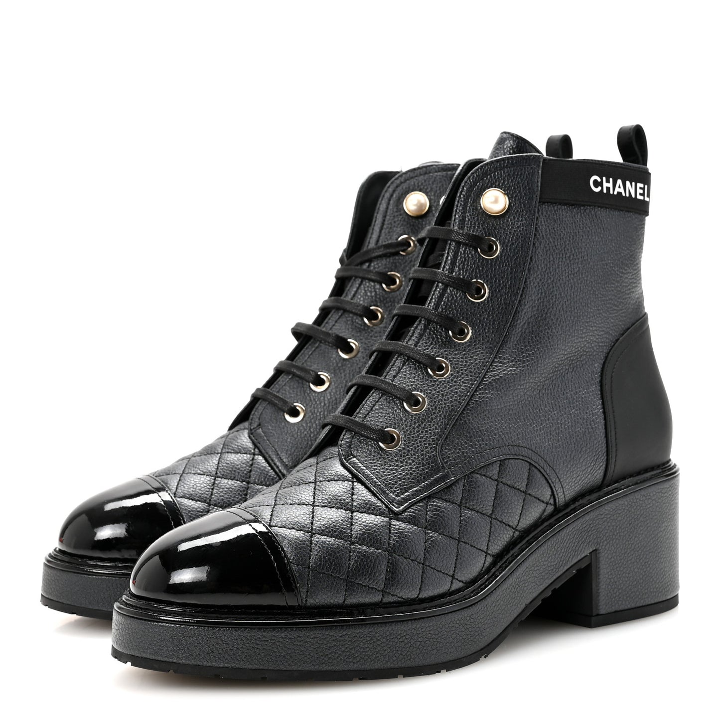 Pearly Calfskin Patent Calfskin Lace Up Combat Boots 41 Black