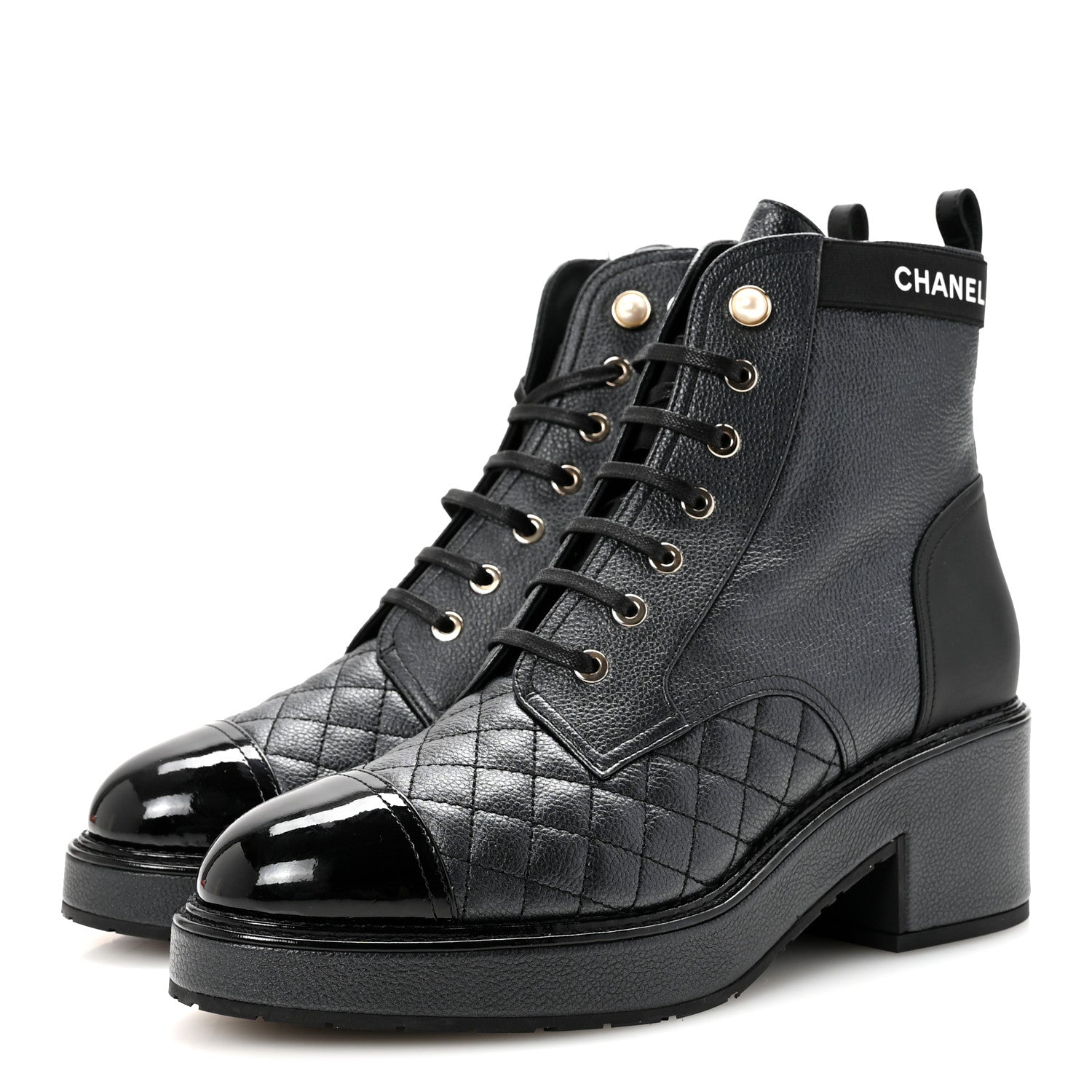 Chanel Pearly Calfskin Patent Calfskin Lace Up Combat Boots 41 Black 4 of 9