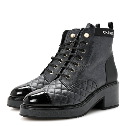 Chanel Pearly Calfskin Patent Calfskin Lace Up Combat Boots 41 Black 4 of 9