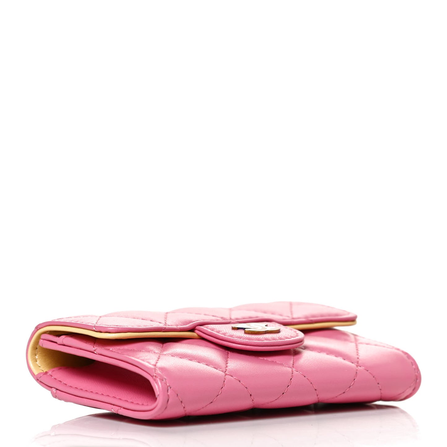 Lambskin Quilted Flap Card Holder Wallet Pink Yellow