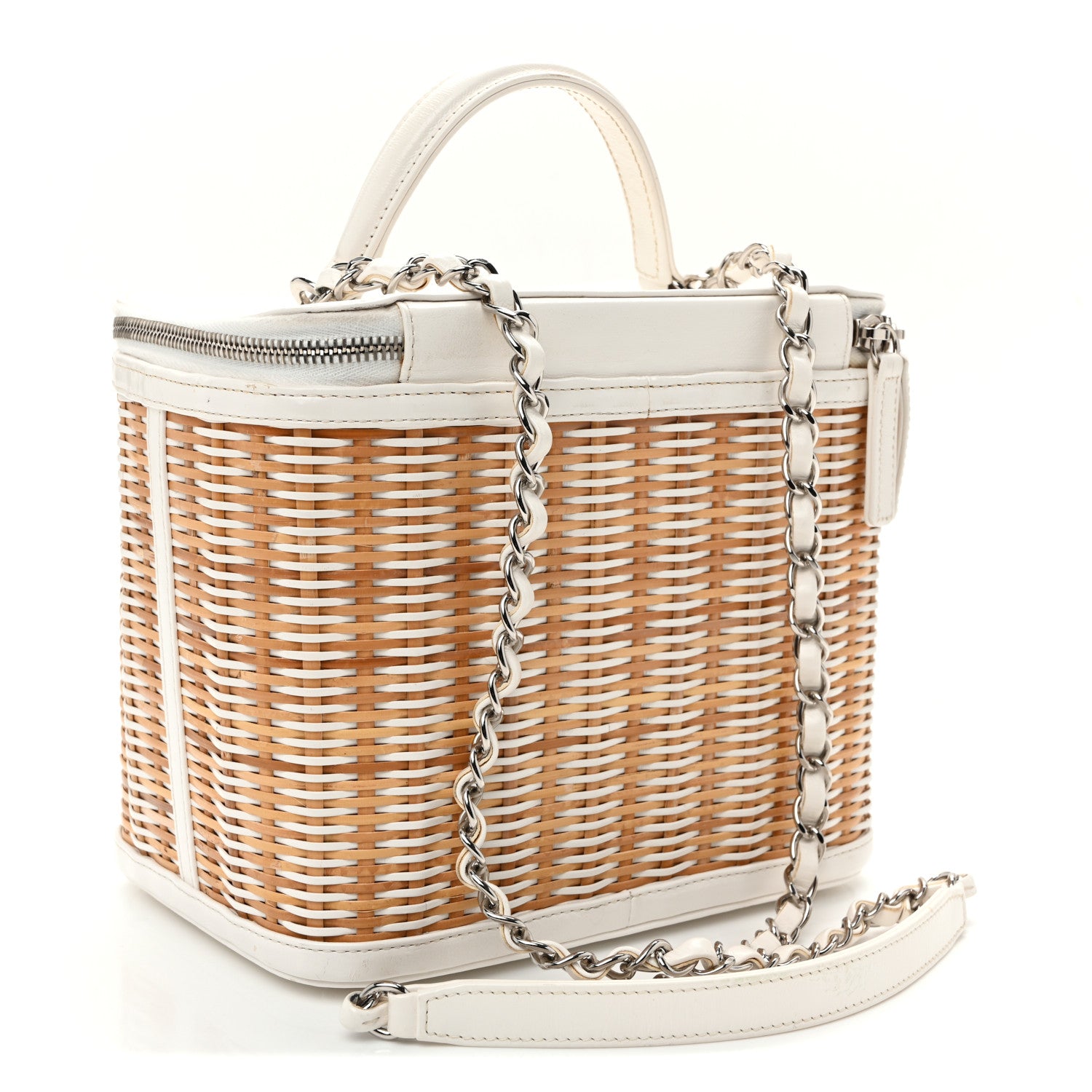 Chanel Glazed Calfskin Raffia Vanity Case Bag White Beige 3 of 12
