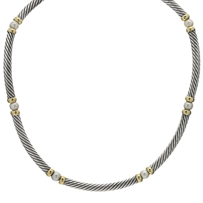 David Yurman Sterling Silver 14K Yellow Gold Pearl Hampton Cable Choker Necklace 1 of 6