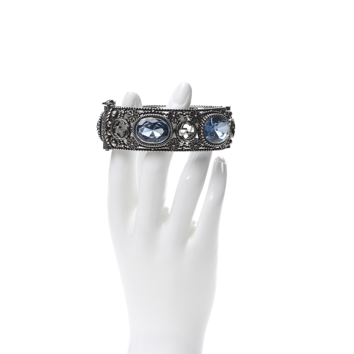 Gucci Sterling Silver Crystal Interlocking G Bangle Bracelet Blue 2 of 6