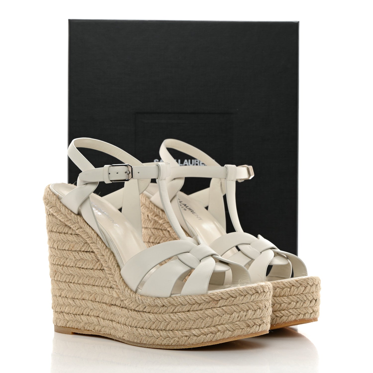 Saint Laurent Calfskin Tribute 95 Platform Espadrille Wedge Sandals 38 Porcellana 9 of 9