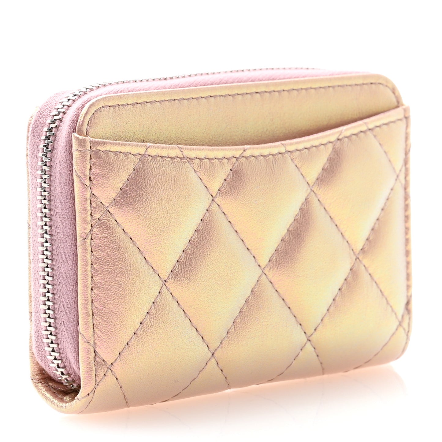 Iridescent Calfskin Quilted Zip Coin Purse Wallet Pink