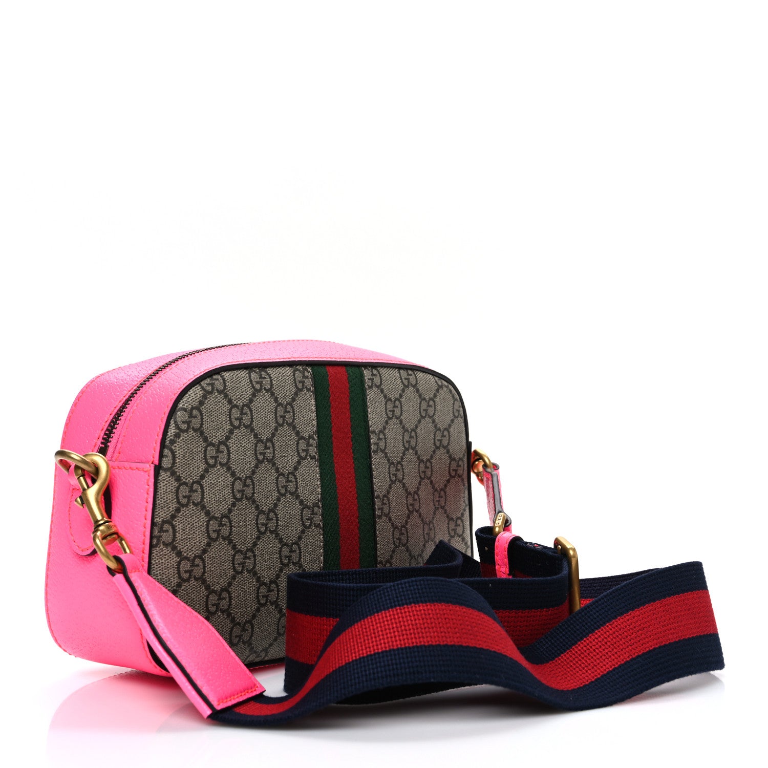 Gucci GG Supreme Monogram Textured Dollar Calfskin Web Ophidia Small Crossbody Bag Beige Ebony Fuchsia 3 of 10