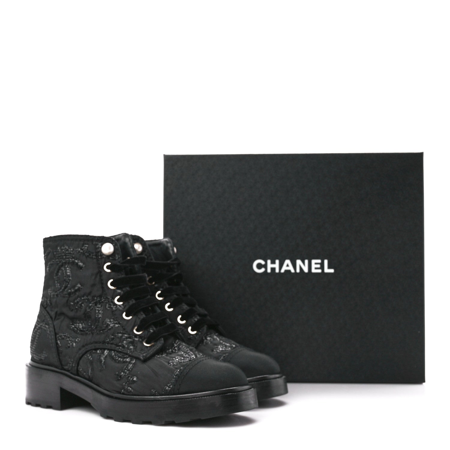 Chanel Grosgrain Pearl CC Combat Short Boots 38 Black 9 of 9