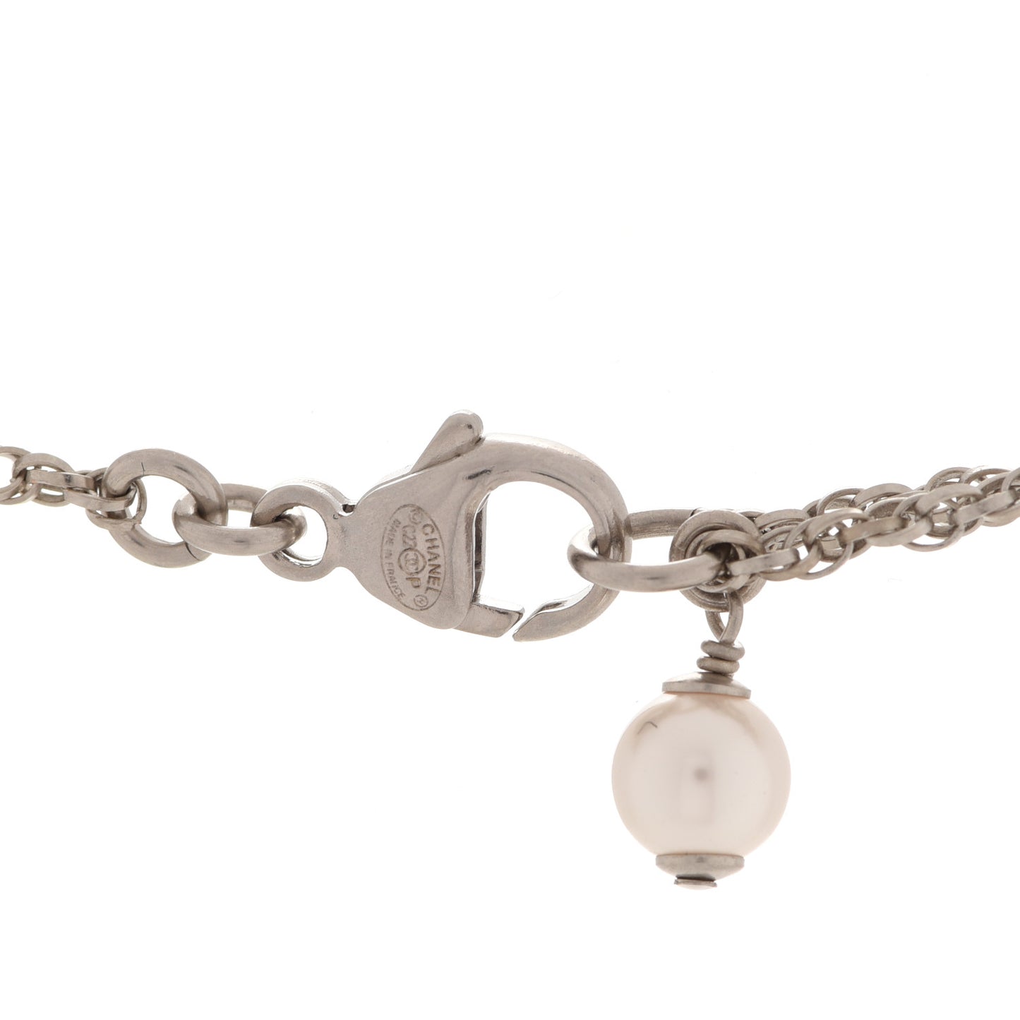 Crystal Pearl CC Pendant Necklace Silver