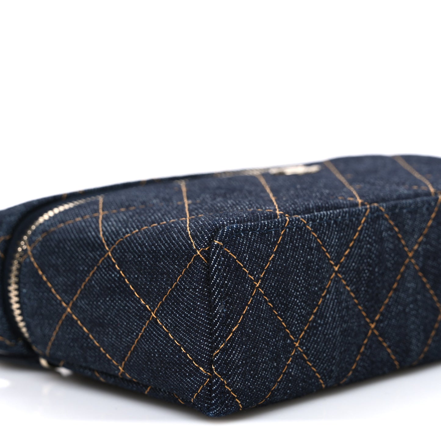Denim Quilted Top Handle Slim Vanity Case With Chain Dark Blue Orange