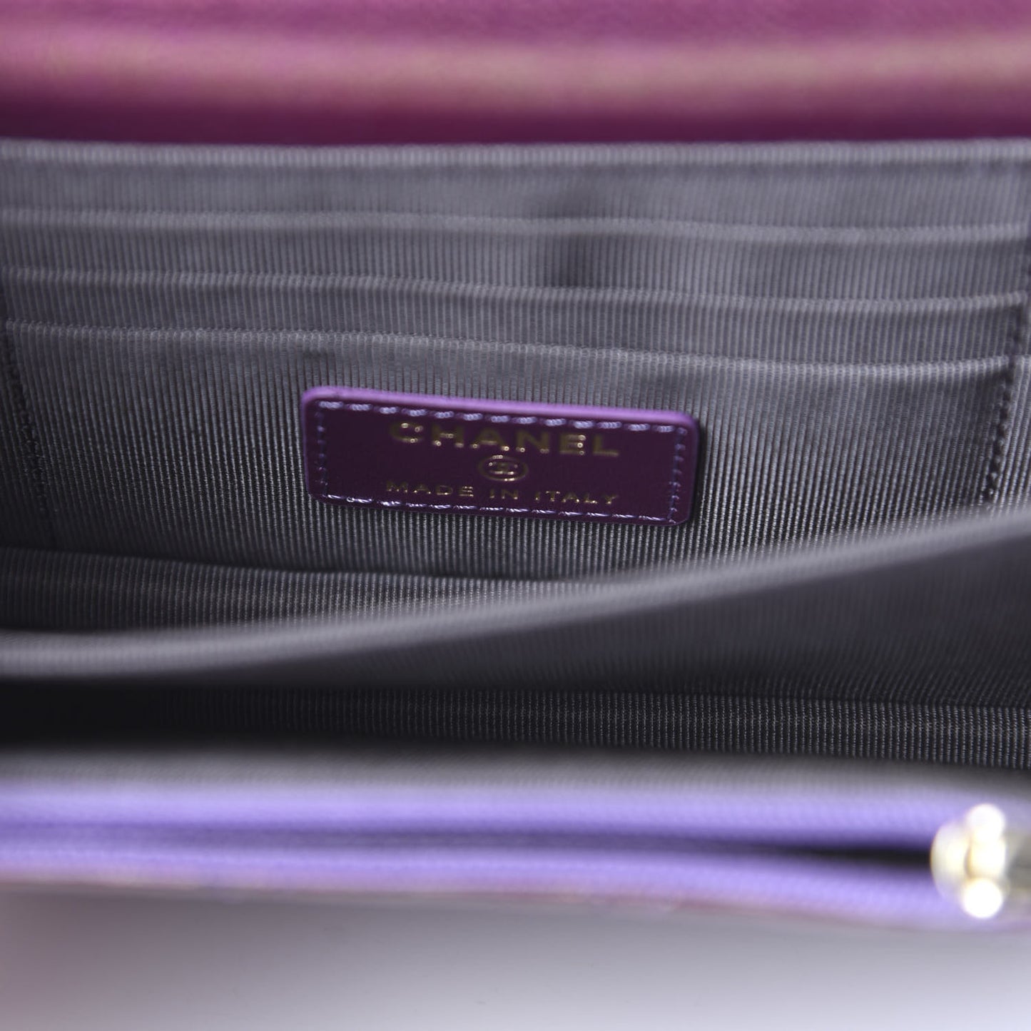 Iridescent Lambskin Quilted Mini Wallet On Chain WOC Purple