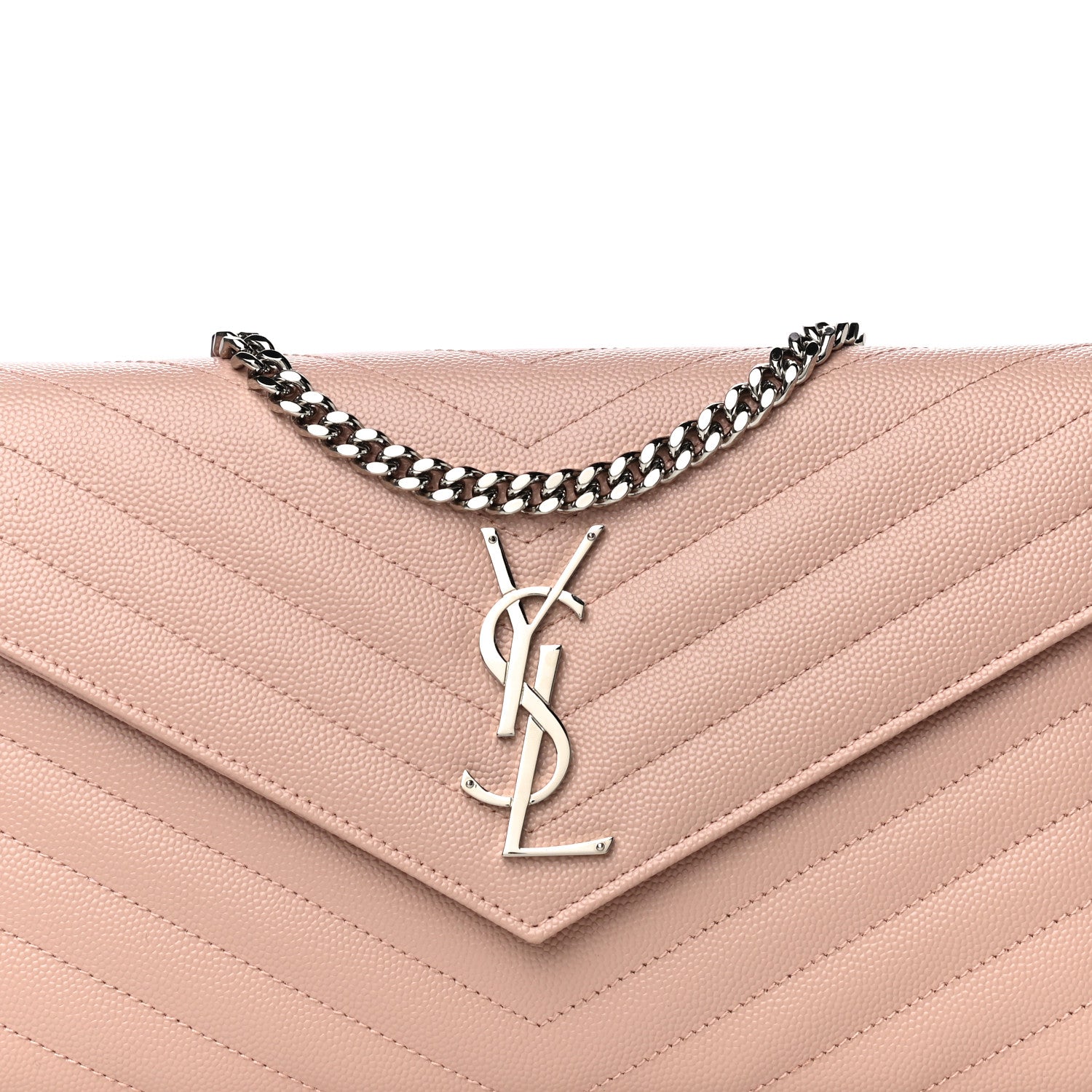 Saint Laurent Grain De Poudre Matelasse Chevron Monogram Chain Wallet Pale Pink 7 of 9