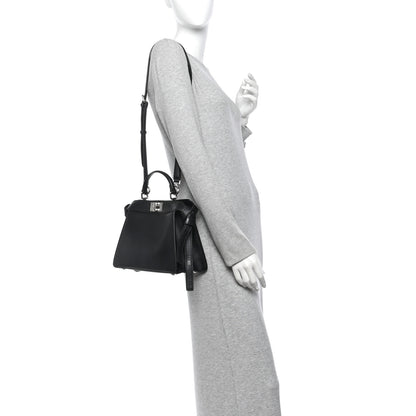 Fendi Vitello Seta Shiny Nappa Logo Embossed Laces Small Peekaboo I SEE U Satchel Black 2 of 10