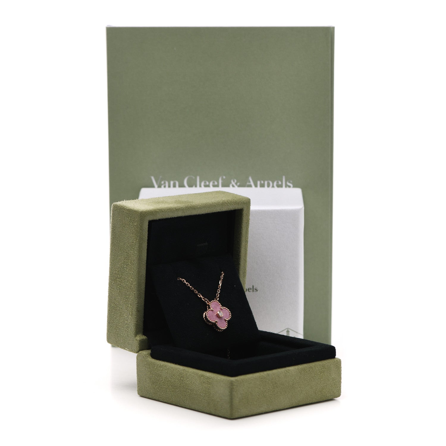 Van Cleef & Arpels 18K Rose Gold Diamond Rhodonite Vintage Alhambra Pendant Necklace 6 of 6