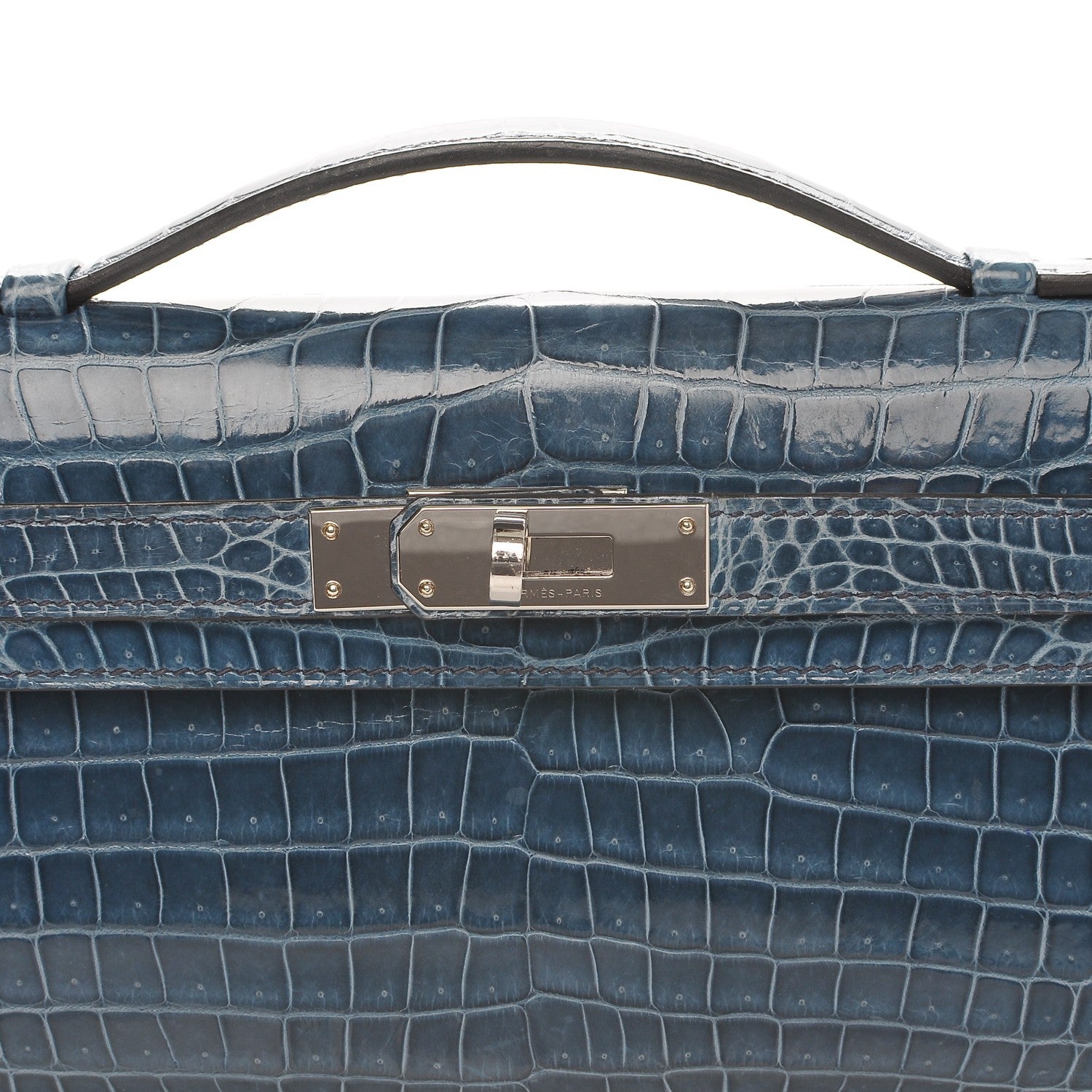 Hermes Shiny Niloticus Crocodile Kelly Cut Pochette Blue Jean 13 of 38
