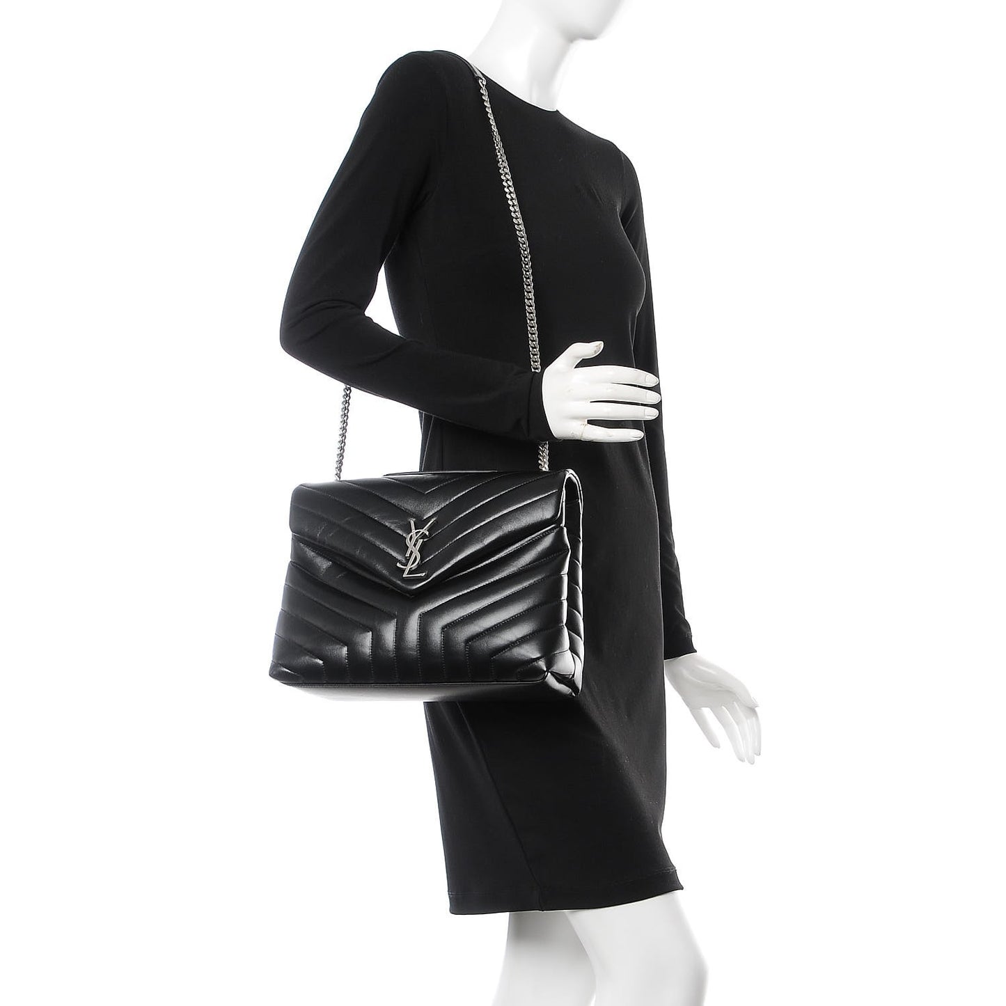 Calfskin Y Quilted Monogram Medium Loulou Chain Satchel Black