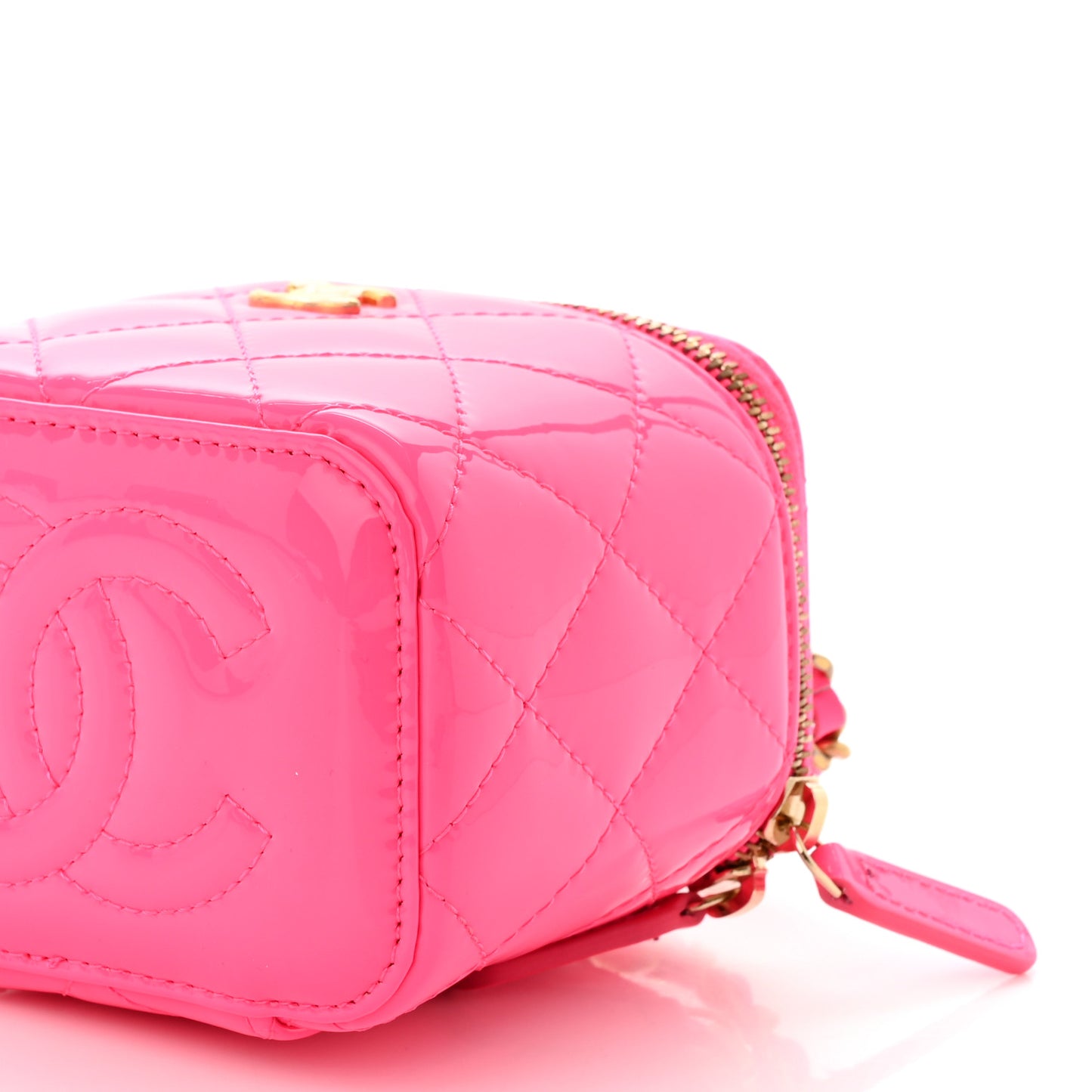 Patent Quilted Pearl Crush Mini Vanity Case With Chain Neon Pink