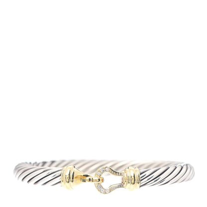 David Yurman Sterling Silver 18K Yellow Gold Diamond 7mm Cable Buckle Bracelet 1 of 5