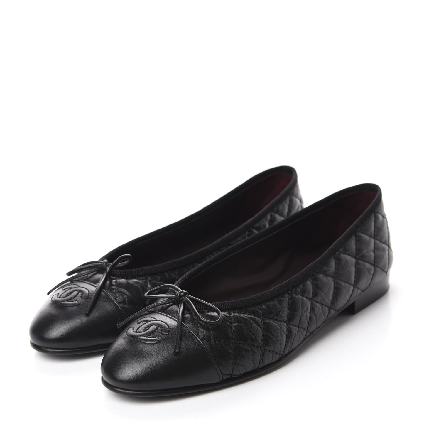 Aged Calfskin Quilted Cap Toe Ballerina Flats 38 Black