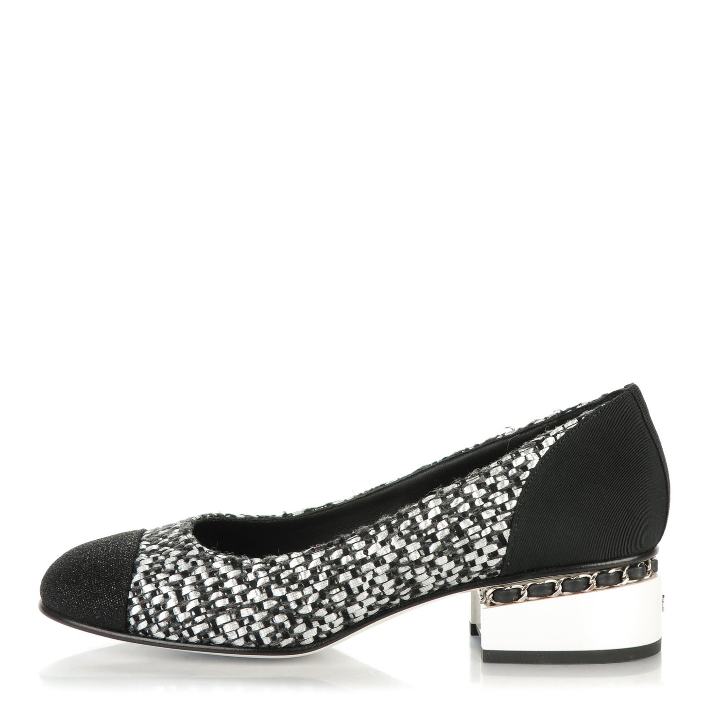 Tweed Grosgrain Chain Cap Toe Low Heel Pumps 38.5 Silver Black