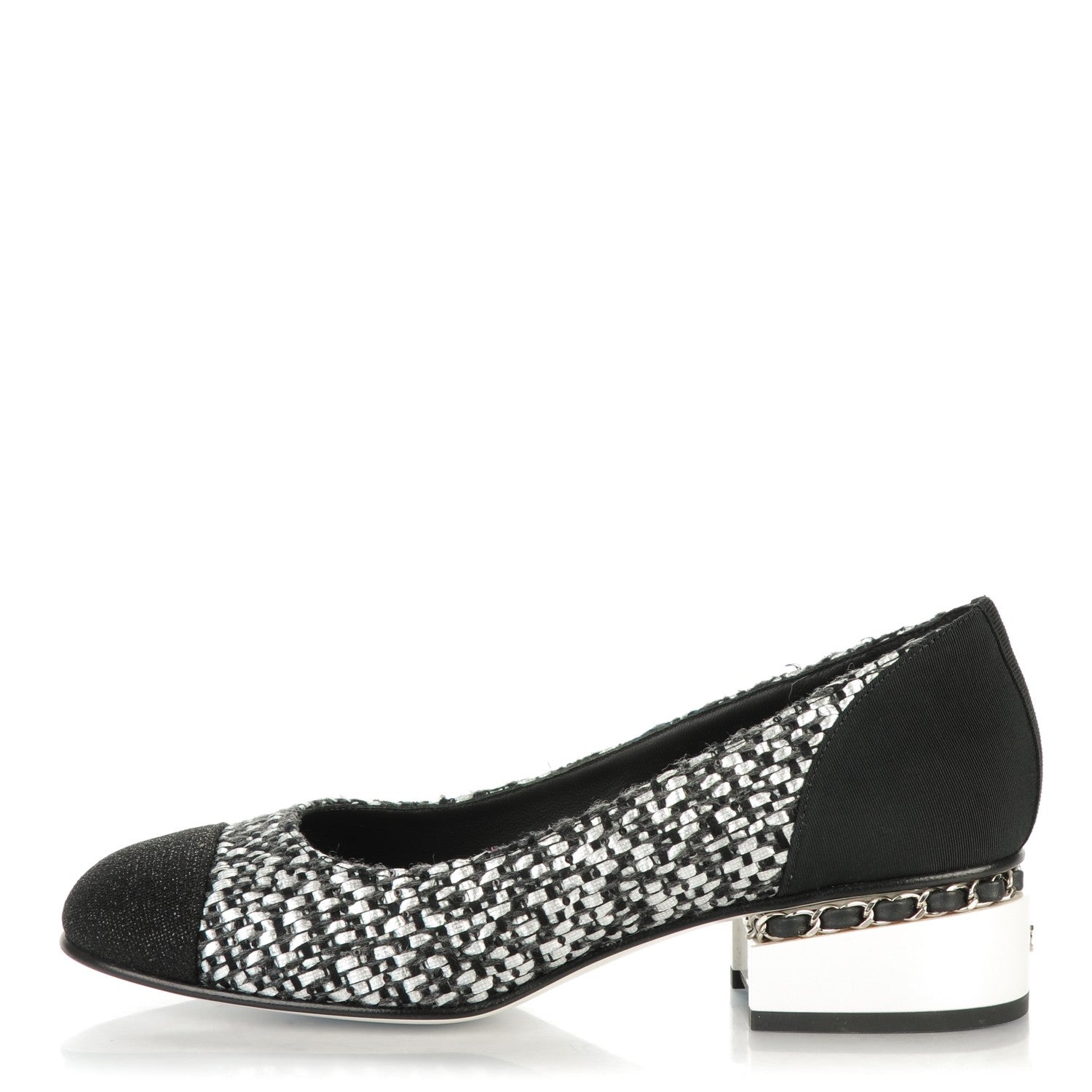 Chanel Tweed Grosgrain Chain Cap Toe Low Heel Pumps 38.5 Silver Black 1 of 7